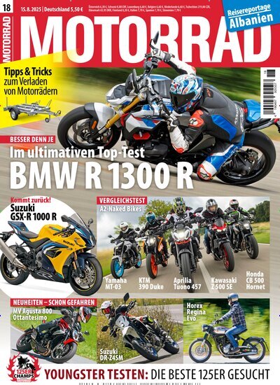 Titelbild der Ausgabe 18/2025 von Motorrad. Diese Zeitschrift und viele weitere Automagazine und Motorradzeitschriften als Abo oder epaper bei United Kiosk online kaufen.