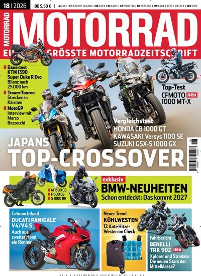 Titelbild der Ausgabe 18/2026 von Motorrad. Diese Zeitschrift und viele weitere Automagazine und Motorradzeitschriften als Abo oder epaper bei United Kiosk online kaufen.