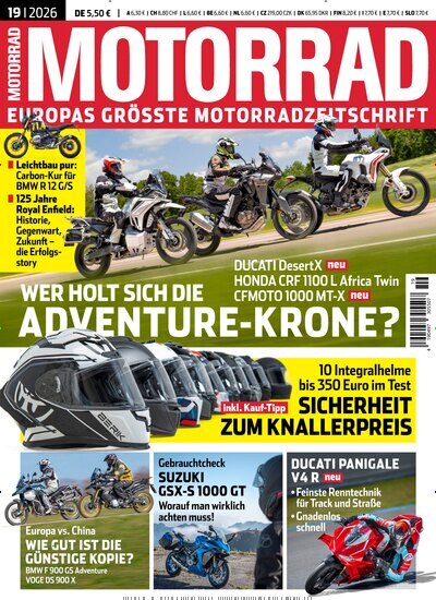 Titelbild der Ausgabe 19/2026 von Motorrad. Diese Zeitschrift und viele weitere Automagazine und Motorradzeitschriften als Abo oder epaper bei United Kiosk online kaufen.