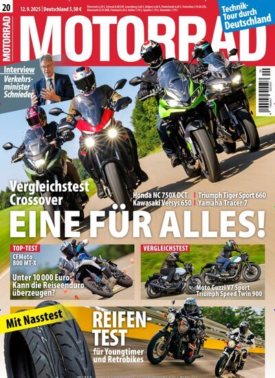 Titelbild der Ausgabe 20/2025 von Motorrad. Diese Zeitschrift und viele weitere Automagazine und Motorradzeitschriften als Abo oder epaper bei United Kiosk online kaufen.