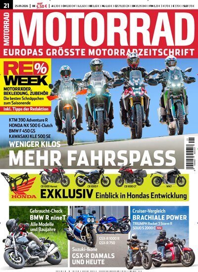 Titelbild der Ausgabe 21/2026 von Motorrad. Diese Zeitschrift und viele weitere Automagazine und Motorradzeitschriften als Abo oder epaper bei United Kiosk online kaufen.
