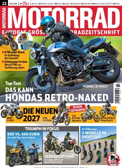 Titelbild der Ausgabe 22/2026 von Motorrad. Diese Zeitschrift und viele weitere Automagazine und Motorradzeitschriften als Abo oder epaper bei United Kiosk online kaufen.