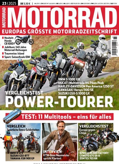 Titelbild der Ausgabe 23/2025 von Motorrad. Diese Zeitschrift und viele weitere Automagazine und Motorradzeitschriften als Abo oder epaper bei United Kiosk online kaufen.