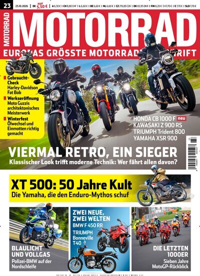 Titelbild der Ausgabe 23/2026 von Motorrad. Diese Zeitschrift und viele weitere Automagazine und Motorradzeitschriften als Abo oder epaper bei United Kiosk online kaufen.