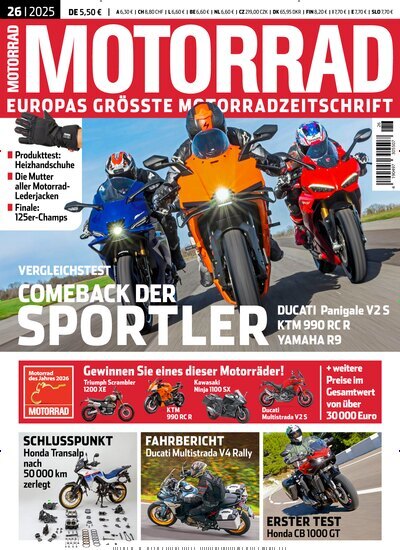 Titelbild der Ausgabe 26/2025 von Motorrad. Diese Zeitschrift und viele weitere Automagazine und Motorradzeitschriften als Abo oder epaper bei United Kiosk online kaufen.