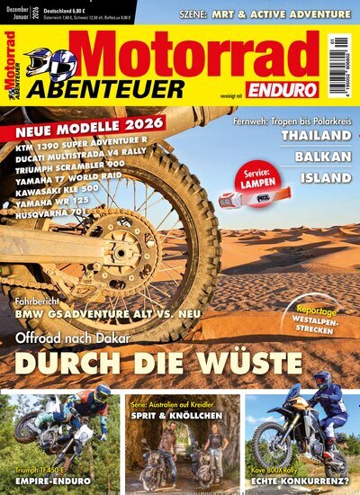 Titelbild der Ausgabe 1/2026 von Motorrad ABENTEUER. Diese Zeitschrift und viele weitere Automagazine und Motorradzeitschriften als Abo oder epaper bei United Kiosk online kaufen.