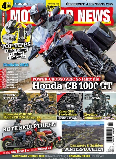 Titelbild der Ausgabe 1/2026 von Motorrad News. Diese Zeitschrift und viele weitere Automagazine und Motorradzeitschriften als Abo oder epaper bei United Kiosk online kaufen.