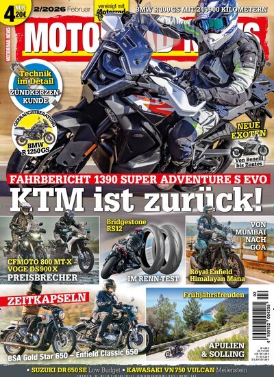 Titelbild der Ausgabe 2/2026 von Motorrad News. Diese Zeitschrift und viele weitere Automagazine und Motorradzeitschriften als Abo oder epaper bei United Kiosk online kaufen.