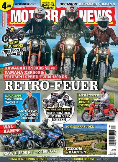 Titelbild der Ausgabe 3/2026 von Motorrad News. Diese Zeitschrift und viele weitere Automagazine und Motorradzeitschriften als Abo oder epaper bei United Kiosk online kaufen.