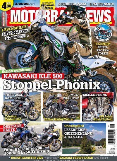 Titelbild der Ausgabe 4/2026 von Motorrad News. Diese Zeitschrift und viele weitere Automagazine und Motorradzeitschriften als Abo oder epaper bei United Kiosk online kaufen.