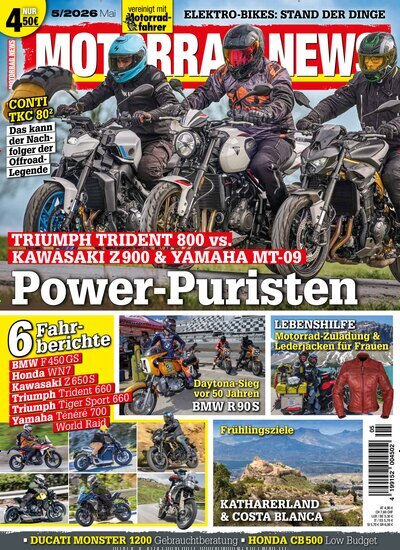 Titelbild der Ausgabe 5/2026 von Motorrad News. Diese Zeitschrift und viele weitere Automagazine und Motorradzeitschriften als Abo oder epaper bei United Kiosk online kaufen.