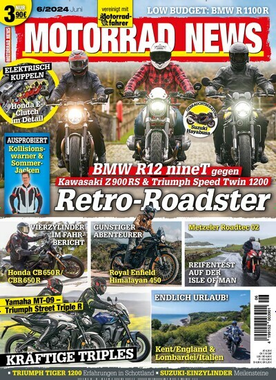 Titelbild der Ausgabe 6/2024 von Motorrad News. Diese Zeitschrift und viele weitere Automagazine und Motorradzeitschriften als Abo oder epaper bei United Kiosk online kaufen.