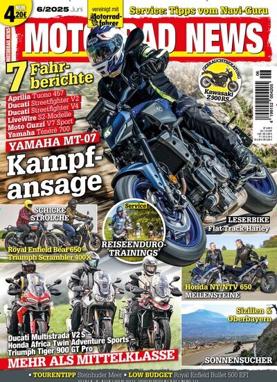 Titelbild der Ausgabe 6/2025 von Motorrad News. Diese Zeitschrift und viele weitere Automagazine und Motorradzeitschriften als Abo oder epaper bei United Kiosk online kaufen.