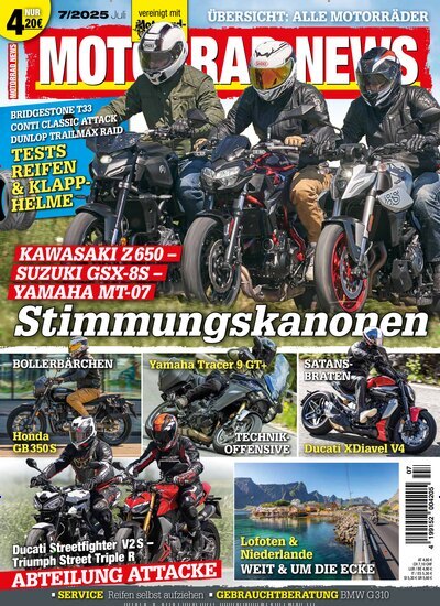 Titelbild der Ausgabe 7/2025 von Motorrad News. Diese Zeitschrift und viele weitere Automagazine und Motorradzeitschriften als Abo oder epaper bei United Kiosk online kaufen.