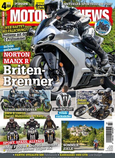Titelbild der Ausgabe 7/2026 von Motorrad News. Diese Zeitschrift und viele weitere Automagazine und Motorradzeitschriften als Abo oder epaper bei United Kiosk online kaufen.