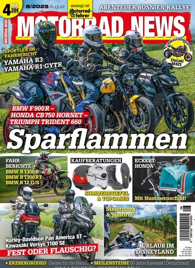 Titelbild der Ausgabe 8/2025 von Motorrad News. Diese Zeitschrift und viele weitere Automagazine und Motorradzeitschriften als Abo oder epaper bei United Kiosk online kaufen.