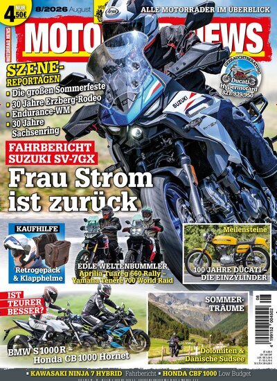 Titelbild der Ausgabe 8/2026 von Motorrad News. Diese Zeitschrift und viele weitere Automagazine und Motorradzeitschriften als Abo oder epaper bei United Kiosk online kaufen.