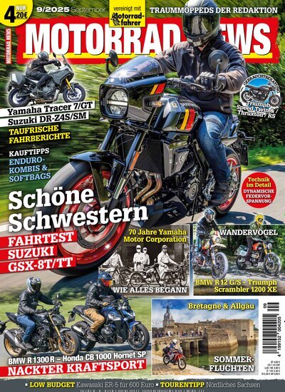 Titelbild der Ausgabe 9/2025 von Motorrad News. Diese Zeitschrift und viele weitere Automagazine und Motorradzeitschriften als Abo oder epaper bei United Kiosk online kaufen.
