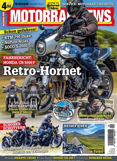 Titelbild der Ausgabe 9/2026 von Motorrad News. Diese Zeitschrift und viele weitere Automagazine und Motorradzeitschriften als Abo oder epaper bei United Kiosk online kaufen.