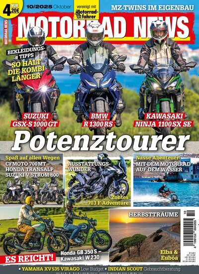 Titelbild der Ausgabe 10/2025 von Motorrad News. Diese Zeitschrift und viele weitere Automagazine und Motorradzeitschriften als Abo oder epaper bei United Kiosk online kaufen.