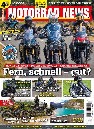 Titelbild der Ausgabe 10/2026 von Motorrad News. Diese Zeitschrift und viele weitere Automagazine und Motorradzeitschriften als Abo oder epaper bei United Kiosk online kaufen.