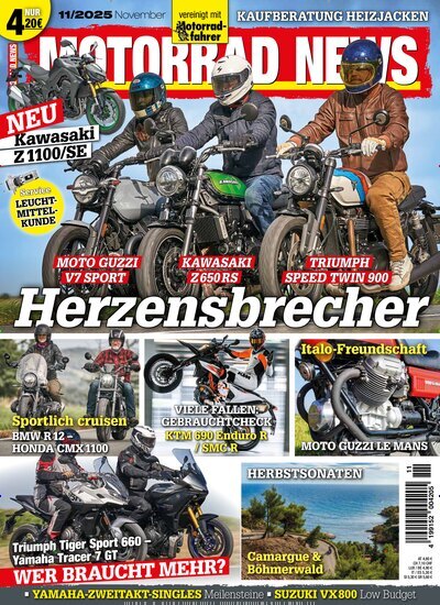 Titelbild der Ausgabe 11/2025 von Motorrad News. Diese Zeitschrift und viele weitere Automagazine und Motorradzeitschriften als Abo oder epaper bei United Kiosk online kaufen.