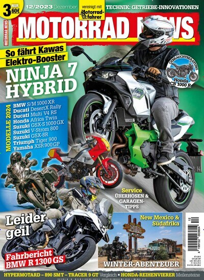 Titelbild der Ausgabe 12/2023 von Motorrad News. Diese Zeitschrift und viele weitere Automagazine und Motorradzeitschriften als Abo oder epaper bei United Kiosk online kaufen.