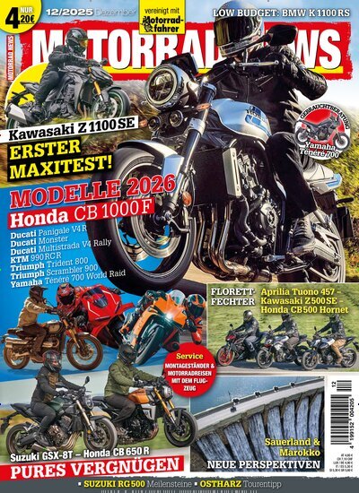 Titelbild der Ausgabe 12/2025 von Motorrad News. Diese Zeitschrift und viele weitere Automagazine und Motorradzeitschriften als Abo oder epaper bei United Kiosk online kaufen.