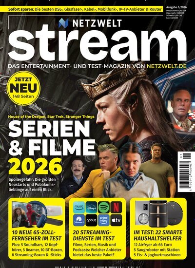 Titelbild der Ausgabe 1/2026 von Netzwelt Stream. Diese Zeitschrift und viele weitere Programmzeitschriften als Abo oder epaper bei United Kiosk online kaufen.