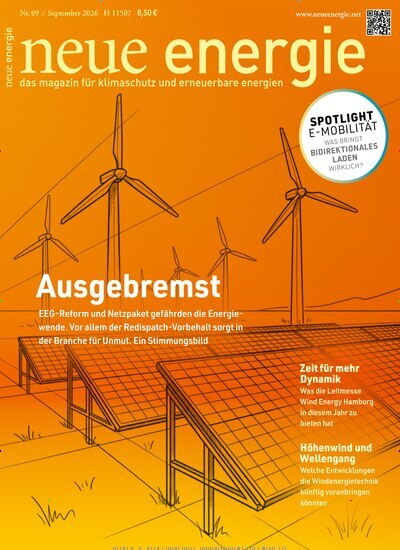 Titelbild der Ausgabe 9/2026 von neue energie. Diese Zeitschrift und viele weitere Wirtschaftsmagazine und Politikmagazine als Abo oder epaper bei United Kiosk online kaufen.