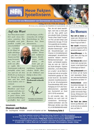Titelbild der Ausgabe 11/2023 von Neue Fakten hotelintern. Diese Zeitschrift und viele weitere Gastronomiezeitschriften, Fashionmagazine, Beautymagazine als Abo oder epaper bei United Kiosk online kaufen.