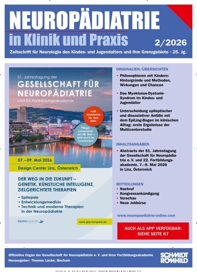 Titelbild der Ausgabe 2/2026 von Neuropädiatrie in Klinik und Praxis. Diese Zeitschrift und viele weitere Pflegezeitschriften und medizinische Fachzeitschriften als Abo oder epaper bei United Kiosk online kaufen.