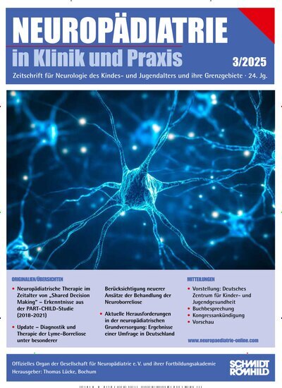 Titelbild der Ausgabe 3/2025 von Neuropädiatrie in Klinik und Praxis. Diese Zeitschrift und viele weitere Pflegezeitschriften und medizinische Fachzeitschriften als Abo oder epaper bei United Kiosk online kaufen.