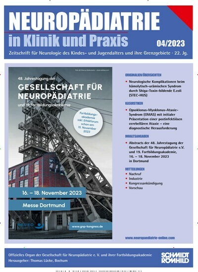 Titelbild der Ausgabe 4/2023 von Neuropädiatrie in Klinik und Praxis. Diese Zeitschrift und viele weitere Pflegezeitschriften und medizinische Fachzeitschriften als Abo oder epaper bei United Kiosk online kaufen.