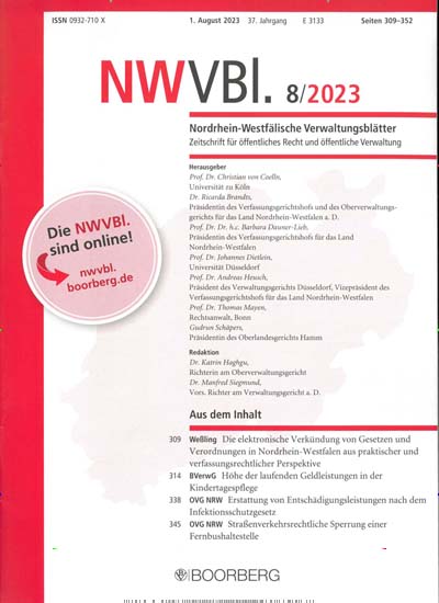 Titelbild der Ausgabe 8/2023 von Nordrhein-Westfälische Verwaltungsblätter NWVBl.. Diese Zeitschrift und viele weitere Jurazeitschriften und Zeitschriften für Verwaltung als Abo oder epaper bei United Kiosk online kaufen.