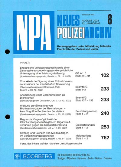 Titelbild der Ausgabe 8/2023 von NPA - Neues Polizeiarchiv. Diese Zeitschrift und viele weitere Jurazeitschriften und Zeitschriften für Verwaltung als Abo oder epaper bei United Kiosk online kaufen.