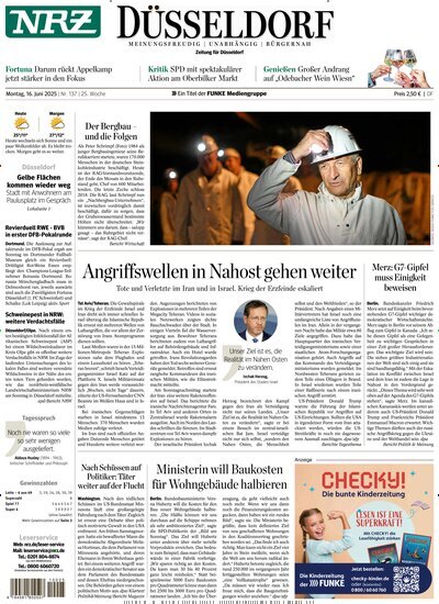 Titelbild der Ausgabe 137/2025 von NRZ Neue Ruhr Zeitung Düsseldorf. Diese Zeitschrift und viele weitere Zeitungsabos als Abo oder epaper bei United Kiosk online kaufen.