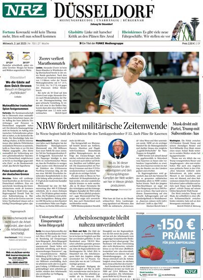 Titelbild der Ausgabe 150/2025 von NRZ Neue Ruhr Zeitung Düsseldorf. Diese Zeitschrift und viele weitere Zeitungsabos als Abo oder epaper bei United Kiosk online kaufen.