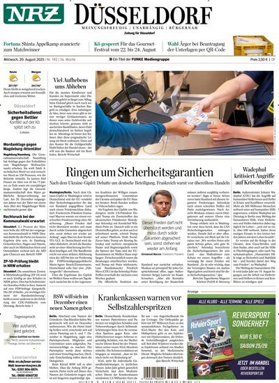 Titelbild der Ausgabe 192/2025 von NRZ Neue Ruhr Zeitung Düsseldorf. Diese Zeitschrift und viele weitere Zeitungsabos als Abo oder epaper bei United Kiosk online kaufen.