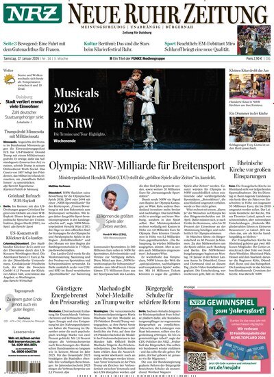 Titelbild der Ausgabe 14/2026 von NRZ Neue Ruhr Zeitung Duisburg. Diese Zeitschrift und viele weitere Zeitungsabos als Abo oder epaper bei United Kiosk online kaufen.