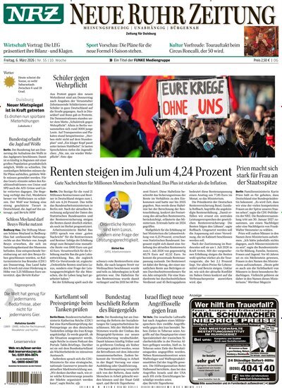 Titelbild der Ausgabe 55/2026 von NRZ Neue Ruhr Zeitung Duisburg. Diese Zeitschrift und viele weitere Zeitungsabos als Abo oder epaper bei United Kiosk online kaufen.