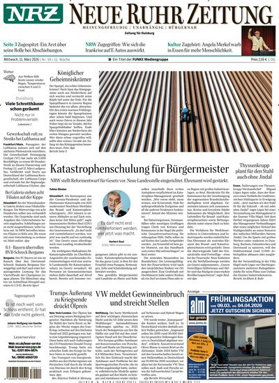 Titelbild der Ausgabe 59/2026 von NRZ Neue Ruhr Zeitung Duisburg. Diese Zeitschrift und viele weitere Zeitungsabos als Abo oder epaper bei United Kiosk online kaufen.