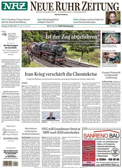 Titelbild der Ausgabe 62/2026 von NRZ Neue Ruhr Zeitung Duisburg. Diese Zeitschrift und viele weitere Zeitungsabos als Abo oder epaper bei United Kiosk online kaufen.