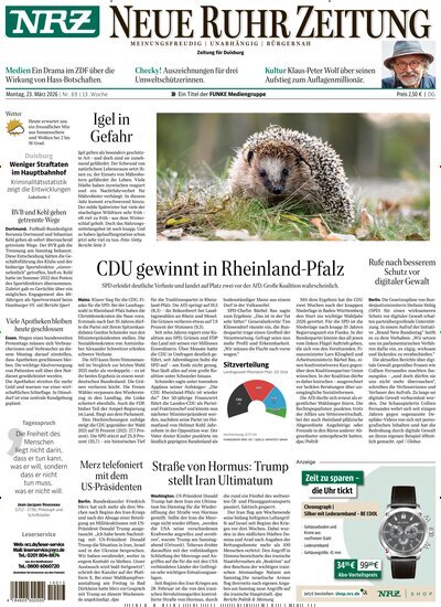 Titelbild der Ausgabe 69/2026 von NRZ Neue Ruhr Zeitung Duisburg. Diese Zeitschrift und viele weitere Zeitungsabos als Abo oder epaper bei United Kiosk online kaufen.