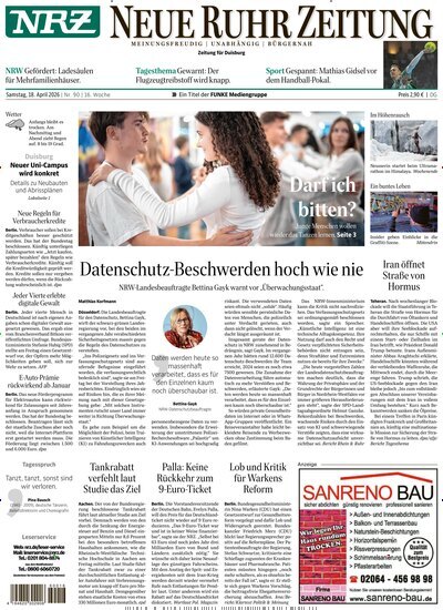 Titelbild der Ausgabe 90/2026 von NRZ Neue Ruhr Zeitung Duisburg. Diese Zeitschrift und viele weitere Zeitungsabos als Abo oder epaper bei United Kiosk online kaufen.