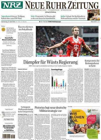 Titelbild der Ausgabe 94/2026 von NRZ Neue Ruhr Zeitung Duisburg. Diese Zeitschrift und viele weitere Zeitungsabos als Abo oder epaper bei United Kiosk online kaufen.