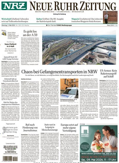 Titelbild der Ausgabe 103/2026 von NRZ Neue Ruhr Zeitung Duisburg. Diese Zeitschrift und viele weitere Zeitungsabos als Abo oder epaper bei United Kiosk online kaufen.