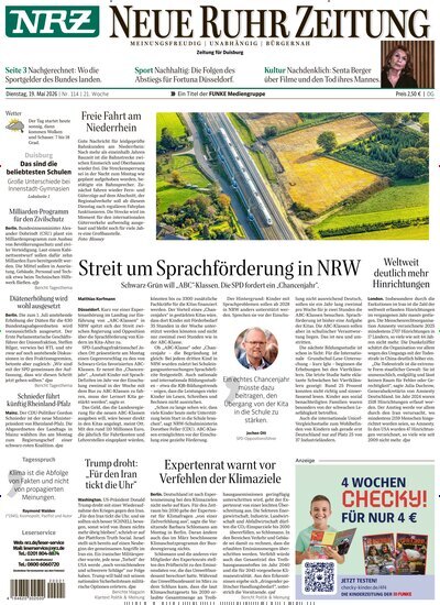 Titelbild der Ausgabe 114/2026 von NRZ Neue Ruhr Zeitung Duisburg. Diese Zeitschrift und viele weitere Zeitungsabos als Abo oder epaper bei United Kiosk online kaufen.