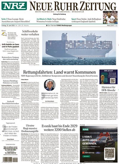 Titelbild der Ausgabe 139/2026 von NRZ Neue Ruhr Zeitung Duisburg. Diese Zeitschrift und viele weitere Zeitungsabos als Abo oder epaper bei United Kiosk online kaufen.