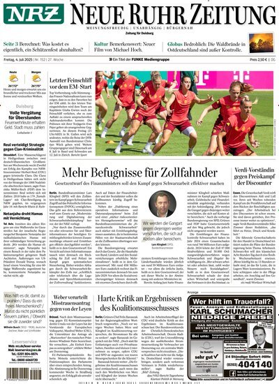 Titelbild der Ausgabe 152/2025 von NRZ Neue Ruhr Zeitung Duisburg. Diese Zeitschrift und viele weitere Zeitungsabos als Abo oder epaper bei United Kiosk online kaufen.